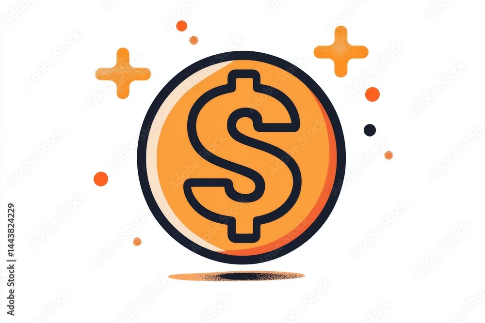Outlined golden coin with dollar sign and sparkles around edge