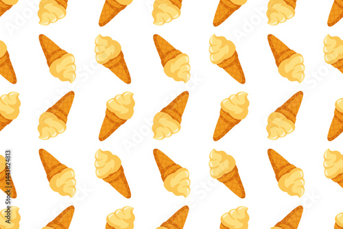 Seamless summer pattern with bright vanilla ice cream scoops in crunchy waffle cones. Soft gelato background