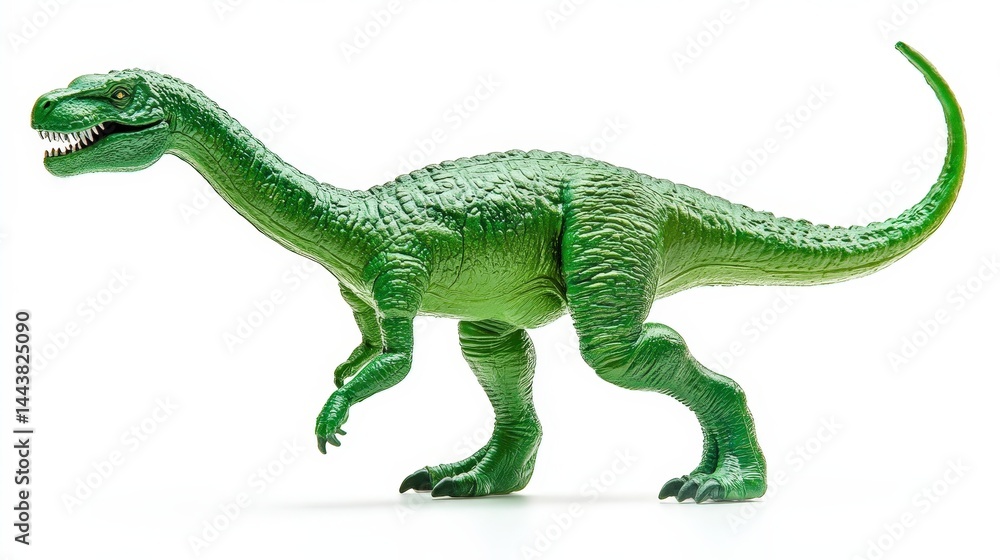 Obraz premium Green dinosaur toy figure in a dynamic pose, showcasing its features against a white background