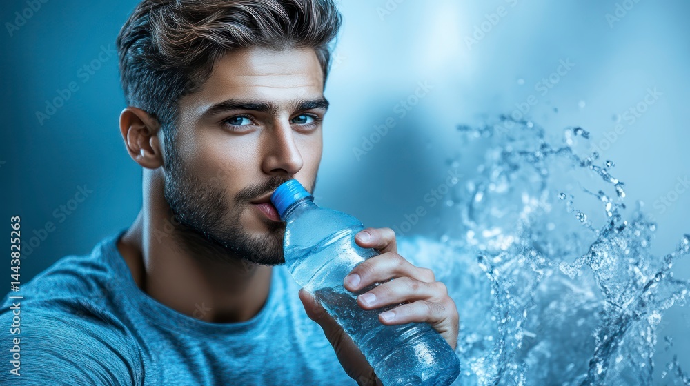 Fototapeta premium Refreshing Thirst with a Splash of Water Man Drinking from Bottle Against Blue Background