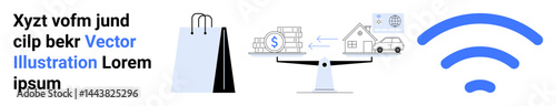 Shopping bags, monetary scale weighing assets, and wireless symbol showcase commerce, balance, and connectivity. Ideal for ecommerce, finance, digital lifestyle, balance concept savings
