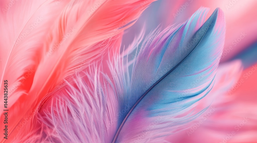 Fototapeta premium Pink and blue feathers, close-up, soft background, design texture