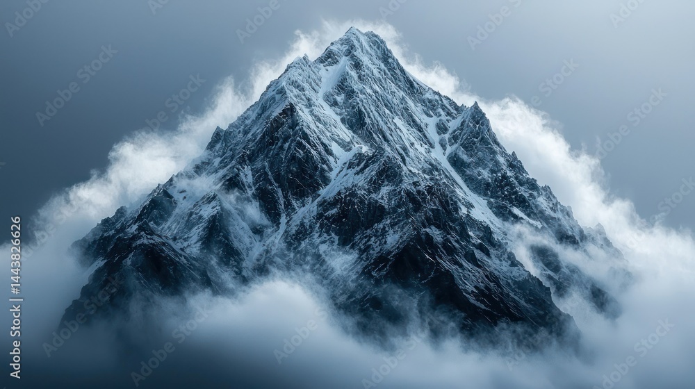 Snowy mountain peak with clouds against a grey sky Snowy mountain peak with clouds against a grey sky