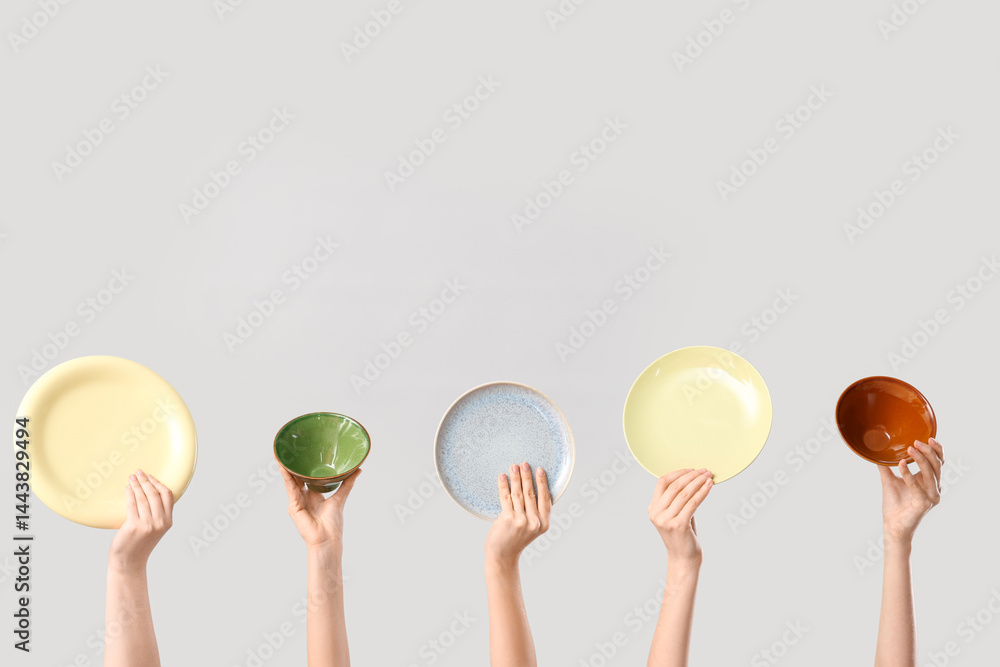 Female hands with bowls and plates on white background Female hands with bowls and plates on white background