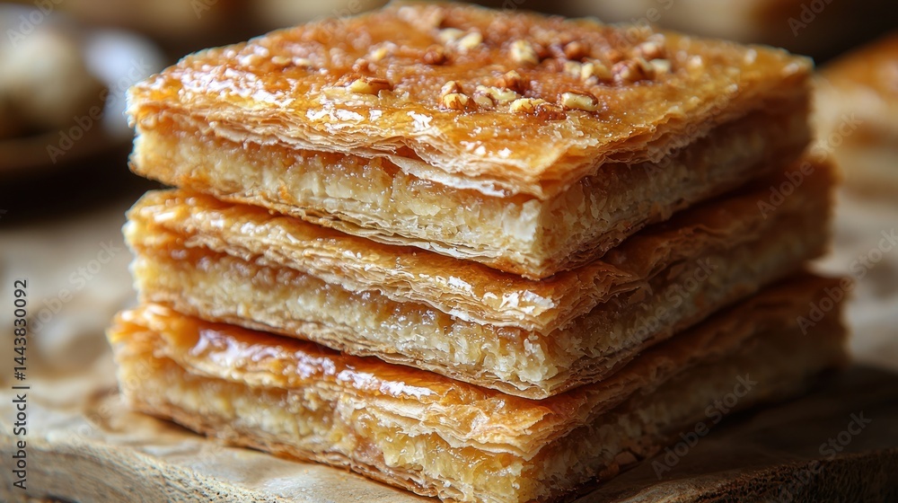 Stacked pastry squares. Crispy layers. Sweet glaze. Nuts Stacked pastry squares. Crispy layers. Sweet glaze. Nuts