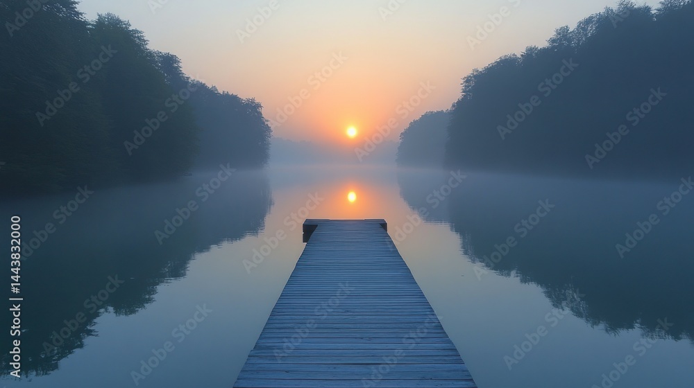 Naklejka premium Sunrise pier, misty lake, tranquil scene, calm water, peaceful morning