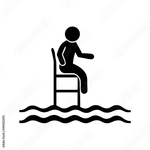 Lifeguard on duty stick figure vector illustration sitting on chair above water waves icon
