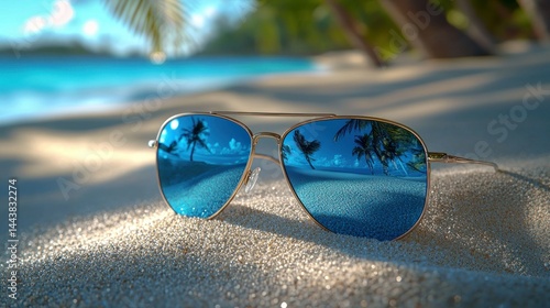 Fototapeta Naklejka Na Ścianę i Meble -  Sunglasses reflect ocean and palm trees on a sandy beach