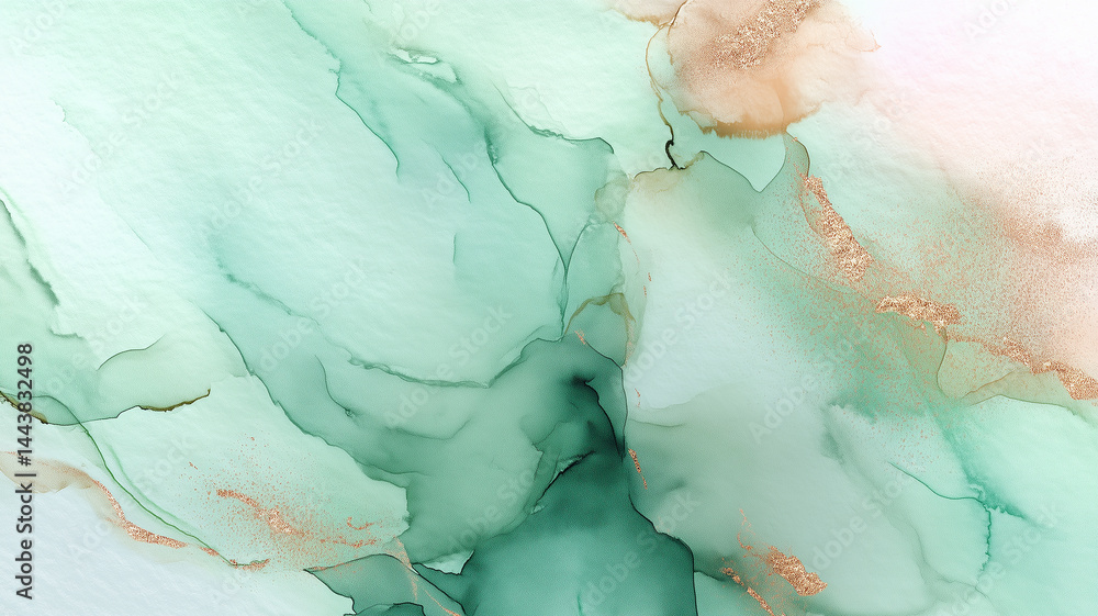 Pastel mint green fluid ink background with copper glitter accents, watercolor-style abstract texture for modern wedding, branding, or product design Pastel mint green fluid ink background with copper glitter accents, watercolor-style abstract texture for modern wedding, branding, or product design
