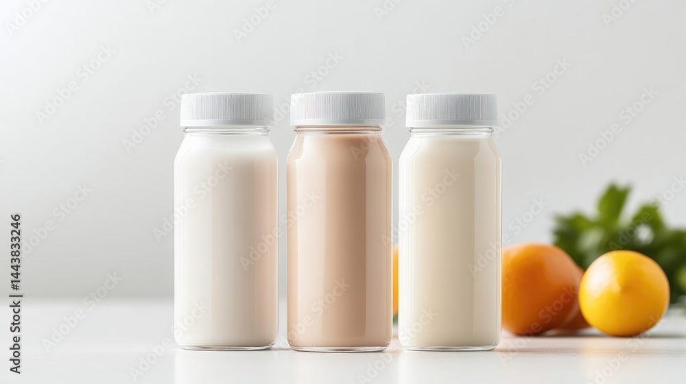 Three small glass bottles of dairy-free drinks, featuring various colors and textures Three small glass bottles of dairy-free drinks, featuring various colors and textures