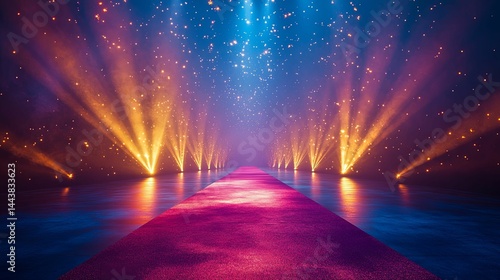Vibrant, illuminated pathway under a starry, glowing sky.