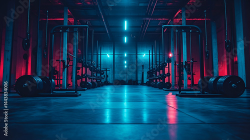 Neon-lit gym interior, weightlifting equipment, workout space