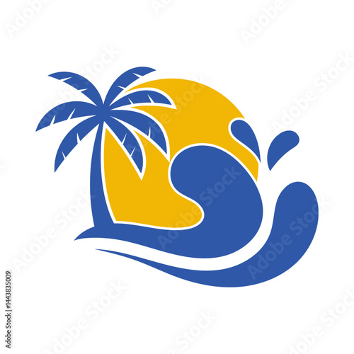 Tropical Beach Logo with Palm Tree and Wave
