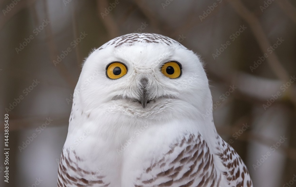Obraz premium A close-up shot of a snowy owl with its eyes wide open and looking directly at the camera