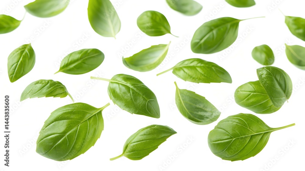 Fototapeta premium Fresh Basil Leaves Falling on White Background