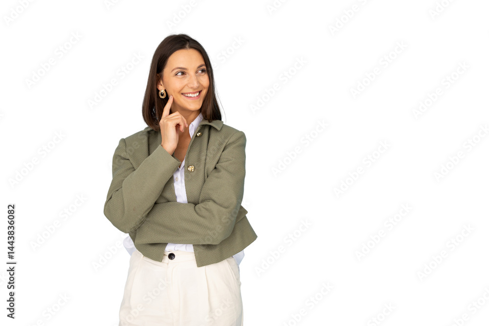 Thoughtful businesswoman smiling, touching face while gazing pensively against transparent backdrop Thoughtful businesswoman smiling, touching face while gazing pensively against transparent backdrop