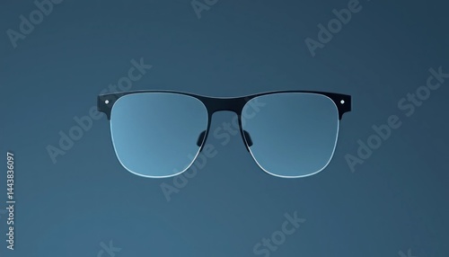 Modern eyewear with minimalist design, featuring sleek black frames and blue gradient lenses on a soft blue background