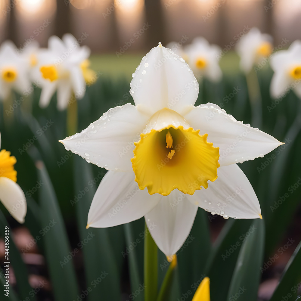 Fototapeta premium White and Yellow Daffodil Flower with Dew Drops in Blooming Field