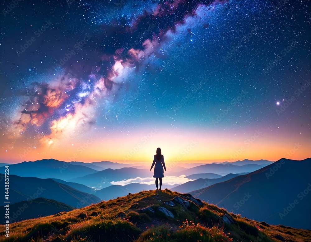 Fototapeta premium Woman silhouetted against breathtaking sunrise and Milky Way galaxy over majestic mountain range.