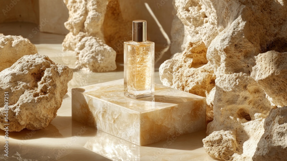 Golden perfume bottle on a natural stone pedestal