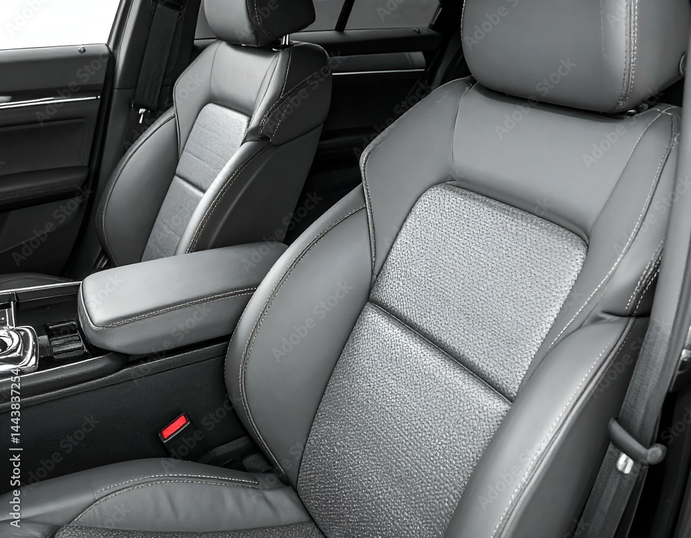 Obraz premium Luxurious grey leather car interior. Close-up of comfortable driver's seat & armrest. Modern car design.
