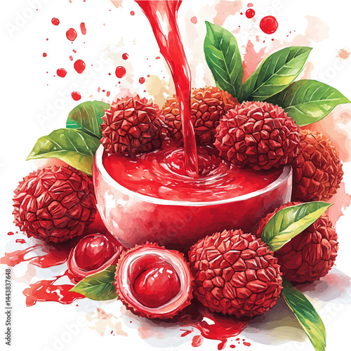 Lychee Juice Pouring From Fruit, watercolor vector, isolated on a white background.
