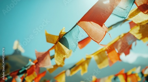 Colorful prayer flags flutter in the wind