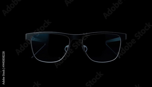 Elegant rectangular frame glasses showcasing modern optical design, isolated on stark black backdrop for dramatic contrast