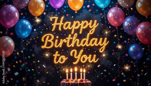 A happy birthday celebration with balloons confetti and a cake with lit candles on a dark background