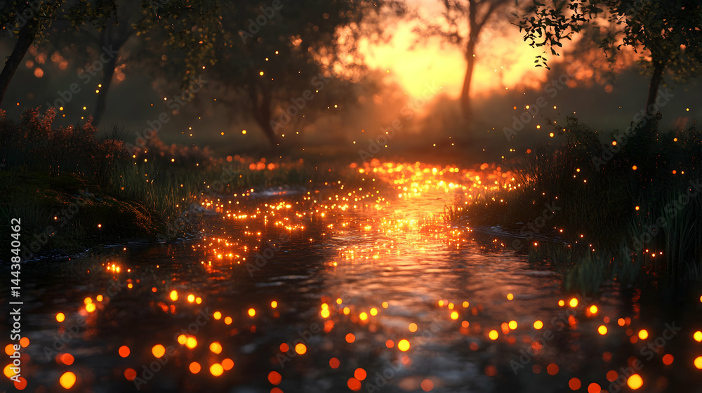 Fototapeta premium Magical sunset river, fireflies, forest