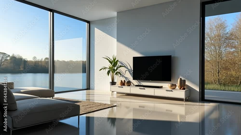 View of luxury living room in minimal style with furniture on bright laminate floor on lake view background View of luxury living room in minimal style with furniture on bright laminate floor on lake view background
