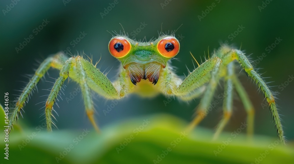 Fototapeta premium Close-up of a tiny, vibrant green jumping spider with large orange eyes