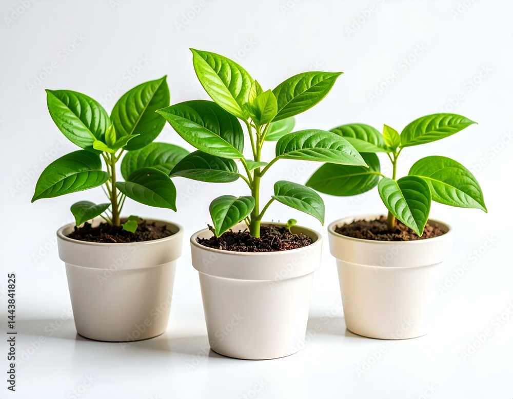 Three vibrant green plants in beige pots on a white background. Perfect for representing growth, nature, or new beginnings. Three vibrant green plants in beige pots on a white background. Perfect for representing growth, nature, or new beginnings.