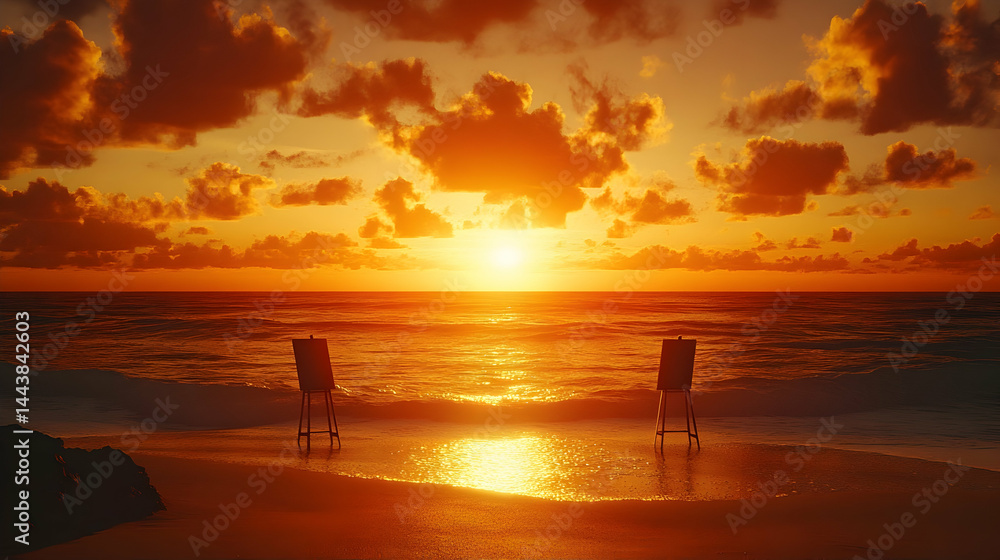 Fototapeta premium Sunset beach, two easels, ocean view, painting inspiration