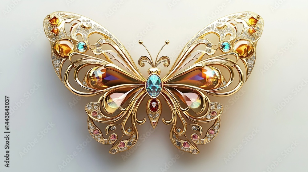 Fototapeta premium Ornate gold butterfly brooch with colorful gemstones.
