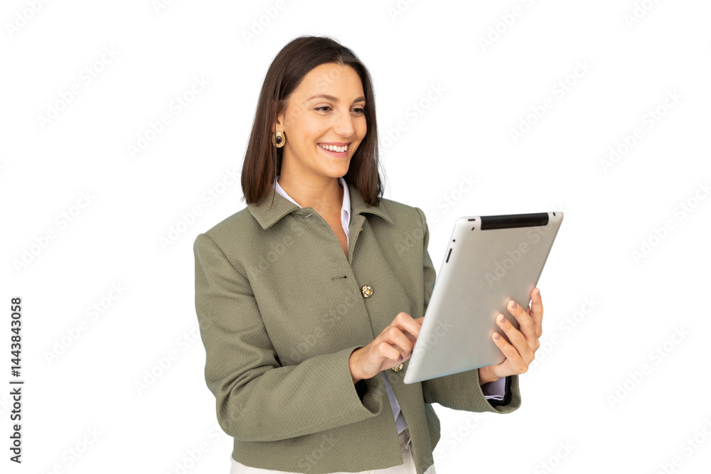 Cheerful businesswoman browsing on digital tablet, isolated on transparent background Cheerful businesswoman browsing on digital tablet, isolated on transparent background