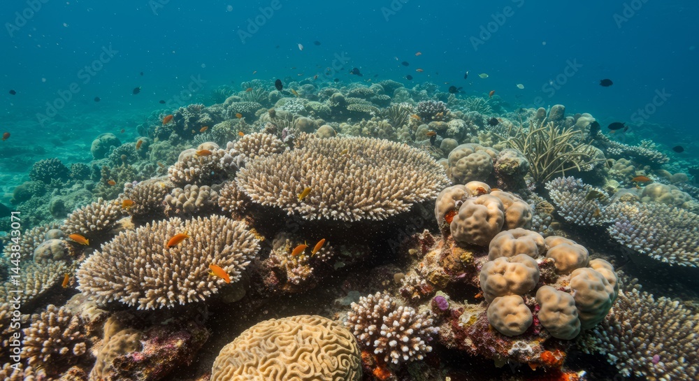 Naklejka premium Colorful fish swimming among various coral species on a healthy and vibrant underwater reef. Marine life and ocean ecosystem for nature and diving.