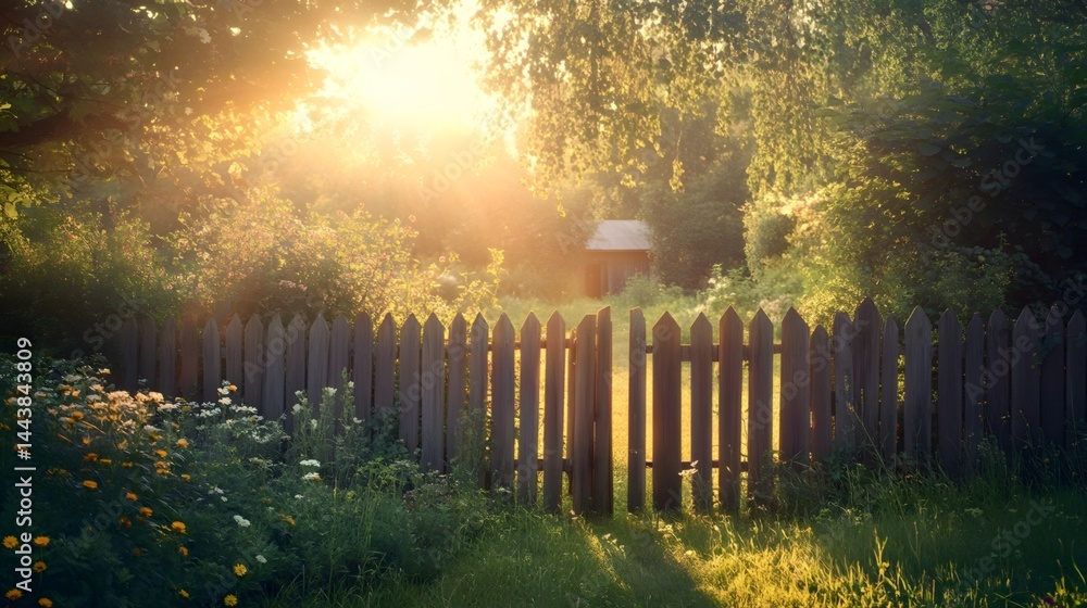 Obraz premium Wooden fence gate under the sunshine and tranquil garden