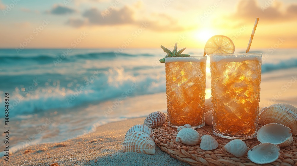Iced tea drinks on the beach at sunset