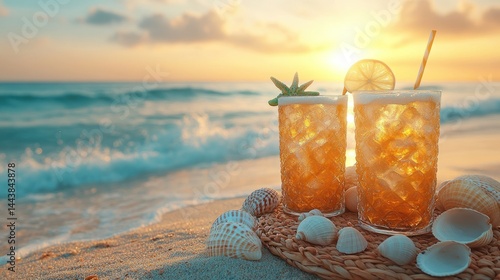 Obraz na płótnie Iced tea drinks on the beach at sunset w salonie