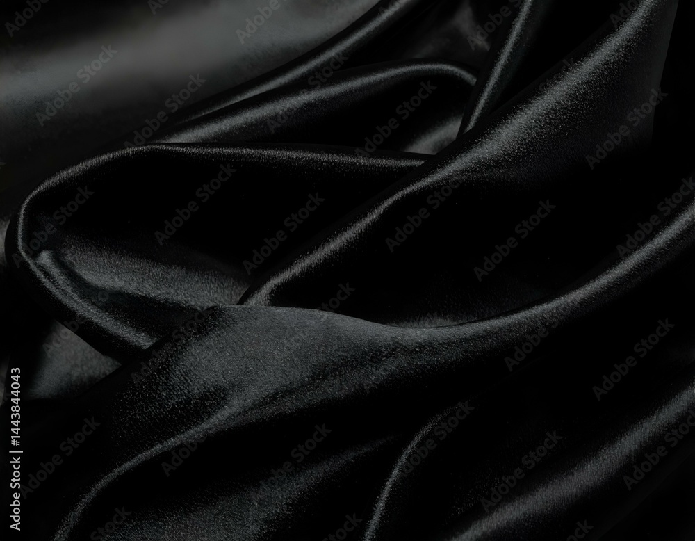 Fototapeta premium Elegant black satin fabric draped in soft folds. Luxurious texture, smooth surface, and deep shadows. Perfect for fashion, design, and beauty projects.
