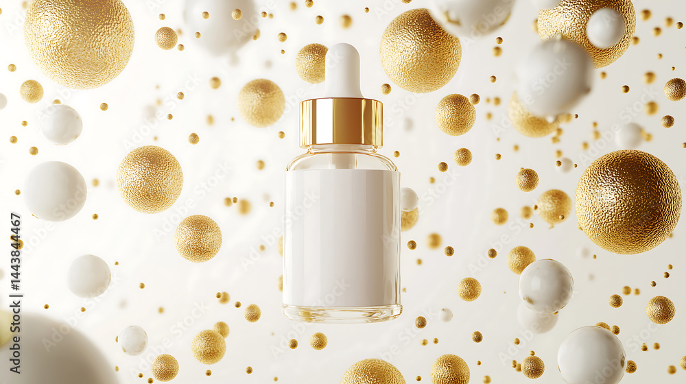 Luxury dropper bottle with blank label surrounded by golden and white spheres Luxury dropper bottle with blank label surrounded by golden and white spheres
