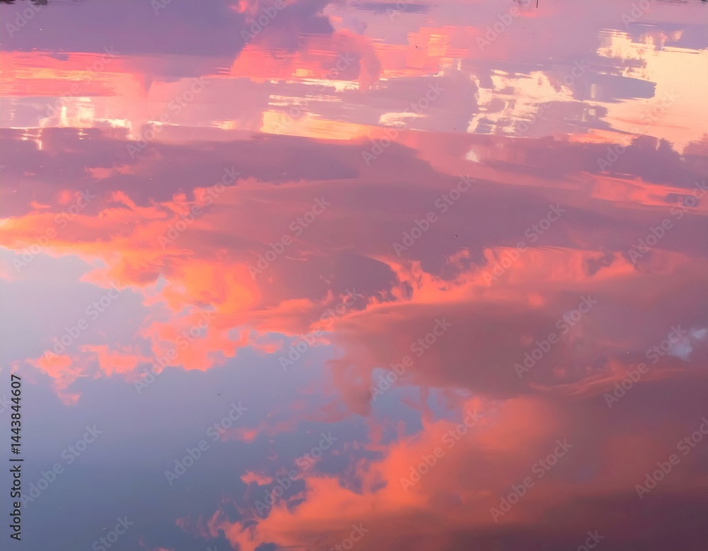 Fototapeta premium Stunning sunset reflected in calm water, creating a dreamy, colorful sky mirroring the cloudscape. Perfect for backgrounds, websites, or artistic projects.