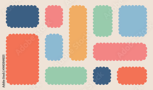 Frames scalloped vector corrugated grid rectangle shapes set. Frame Wavy Retro Stickers set, colorful speech bubble background, sticker pack vector illustratio