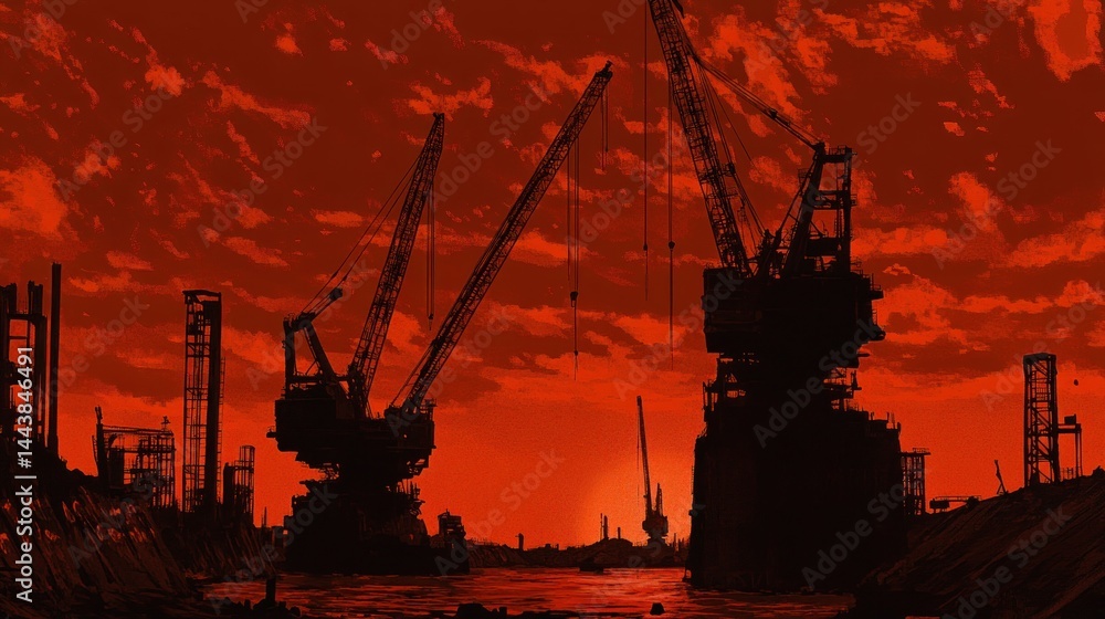 Obraz premium Red Sunset Industrial Construction Site