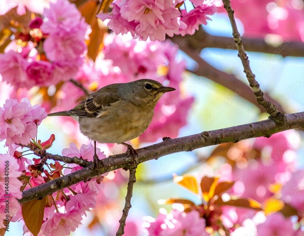 Obraz premium A small bird perched on a branch amidst a vibrant display of pink cherry blossoms.