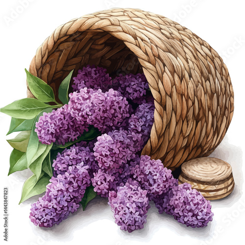 Lilac Spilling Out Of A Basket, watercolor vector, isolated on a white background.