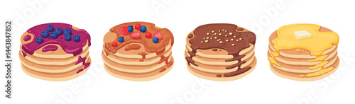Cartoon pancakes. Stacks of tasty pancakes with maple syrup, butter, chocolate syrup, fruits and jam. Delicious breakfast food vector illustrations. American brunch with berries and nuts