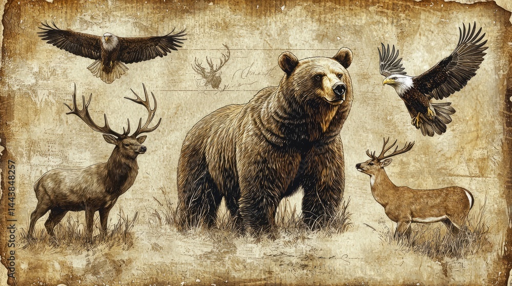 Fototapeta premium Majestic Wildlife Composition Featuring Bear, Deer, and Birds of Prey