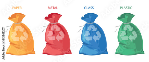 Realistic separate trash. 3D plastic sacks waste bag for util kitchen garbage, utility separators eco collect recycle environment rubbish handles package, vector illustration. Bin rubbish waste